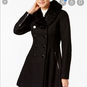 Guess Bouclé Fit & Flare Coat with Faux Fur Collar